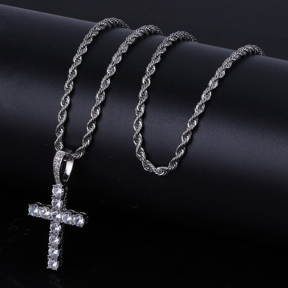 Micro Paved Zircon Hip Hop Anka Key Cross Hip Hop Pendant Necklace